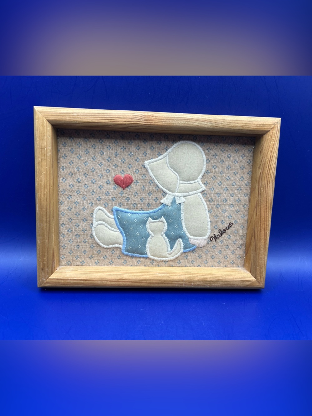 Valorie Sockwell Folk Art Fabric Appliqué Sunbonnet Sue & White Cat Framed 1986